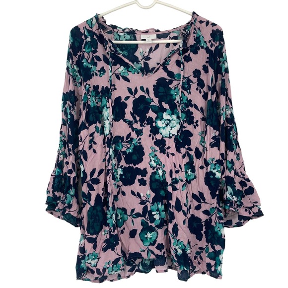 J.Jill Floral Blouse Rayon Peasant Split Neck Tassel Plus 2X - Picture 1 of 8